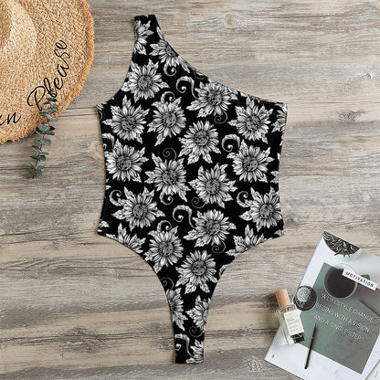 Black And White Vintage Sunflower Print One Shoulder Bodysuit