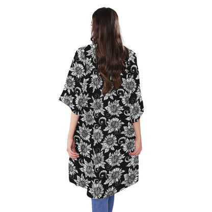 Black And White Vintage Sunflower Print Open Front Beach Cover Up
