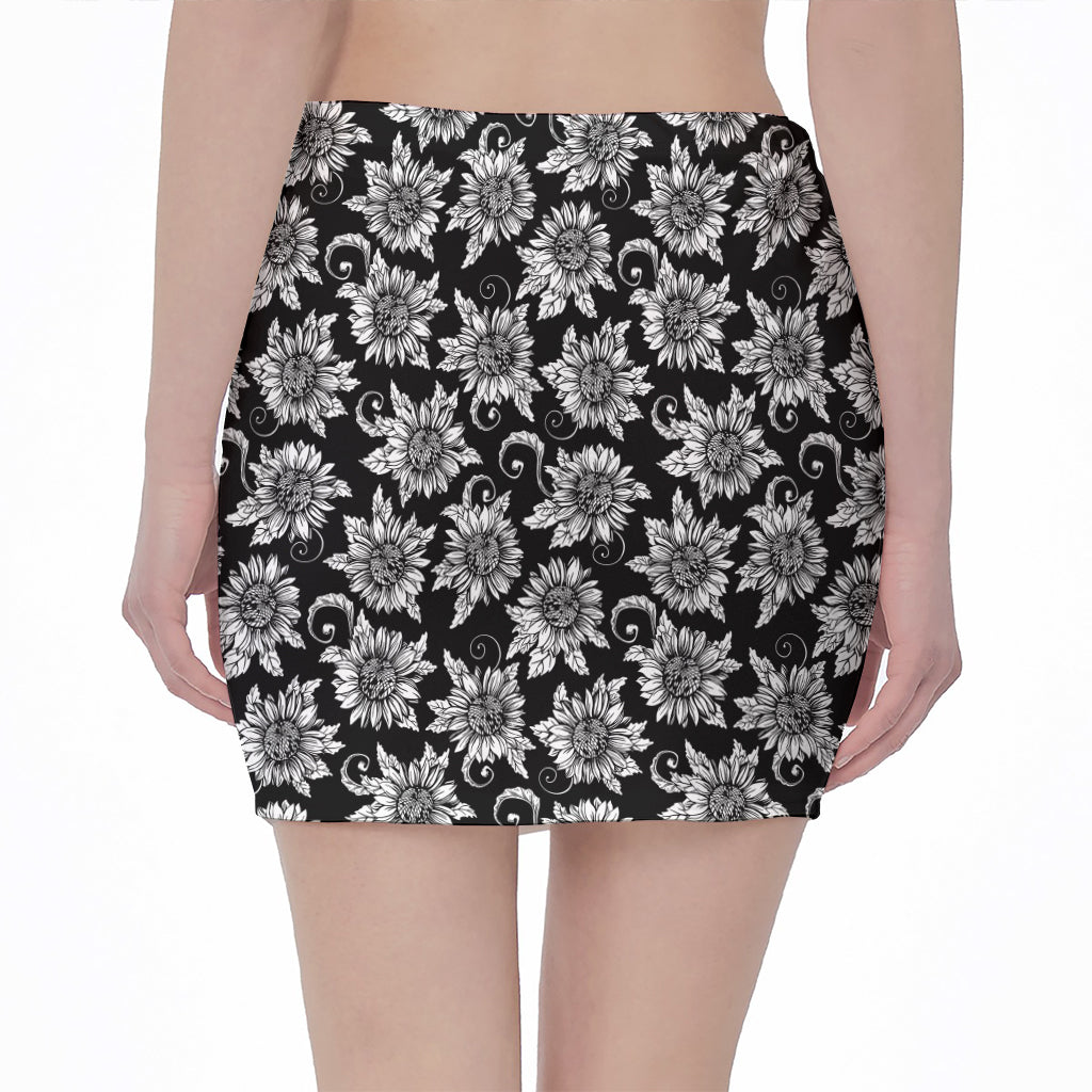 Black And White Vintage Sunflower Print Pencil Mini Skirt