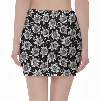 Black And White Vintage Sunflower Print Pencil Mini Skirt