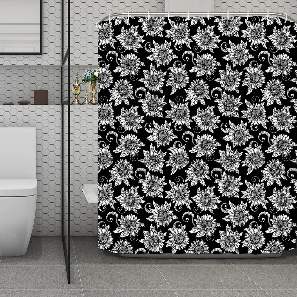 Black And White Vintage Sunflower Print Polyester Shower Curtain