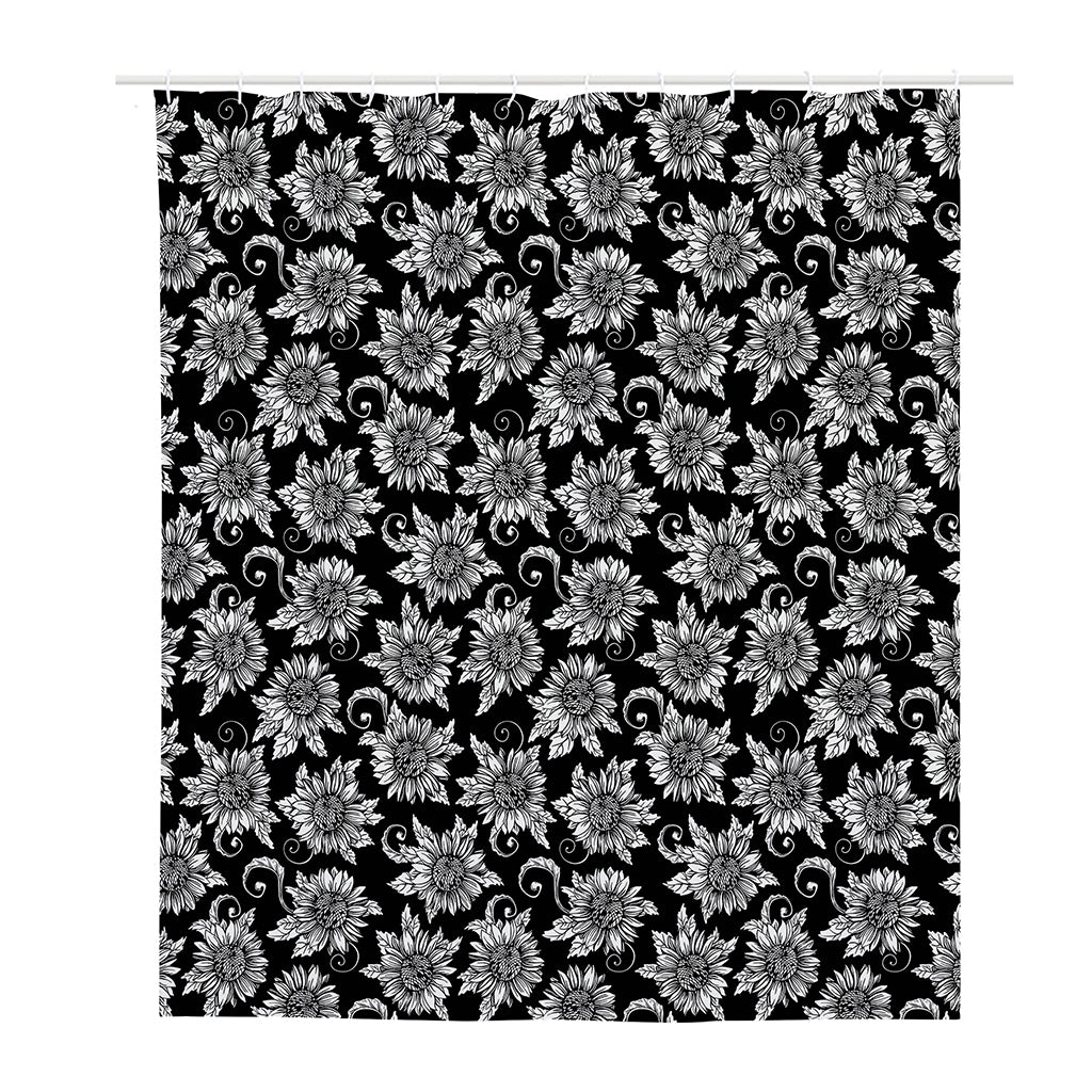 Black And White Vintage Sunflower Print Polyester Shower Curtain