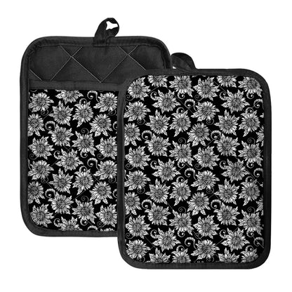 Black And White Vintage Sunflower Print Pot Holders With Pocket