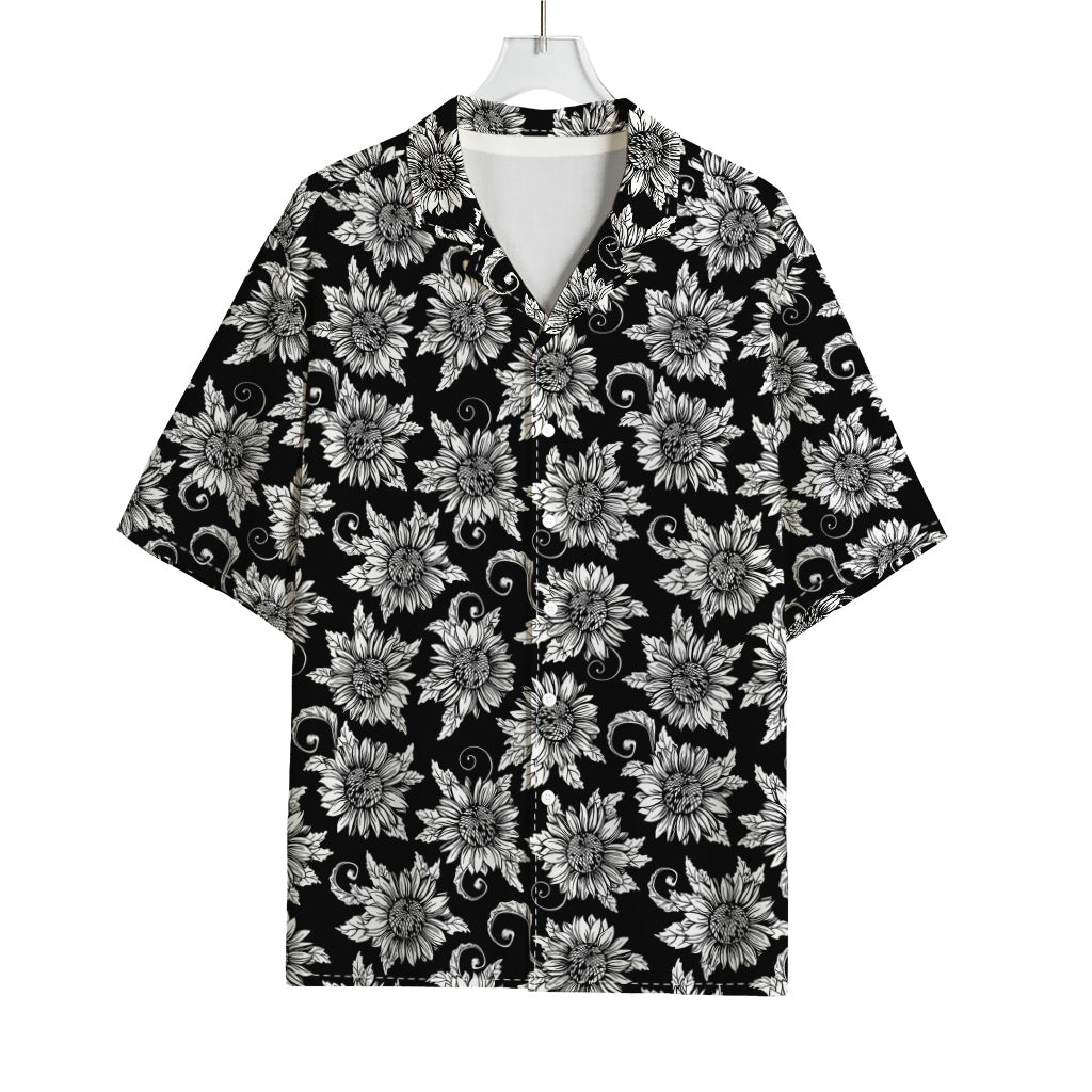 Black And White Vintage Sunflower Print Rayon Hawaiian Shirt