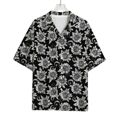 Black And White Vintage Sunflower Print Rayon Hawaiian Shirt