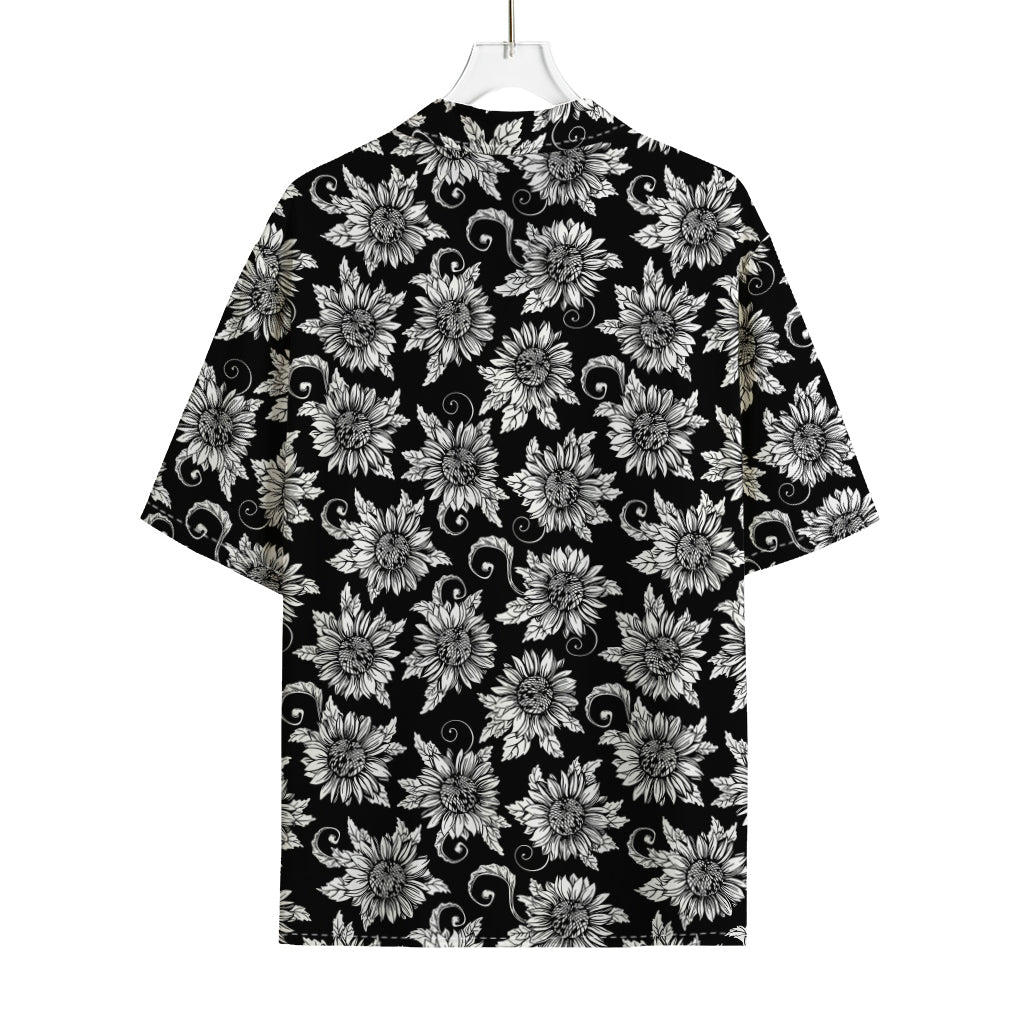 Black And White Vintage Sunflower Print Rayon Hawaiian Shirt