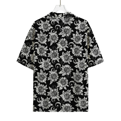 Black And White Vintage Sunflower Print Rayon Hawaiian Shirt