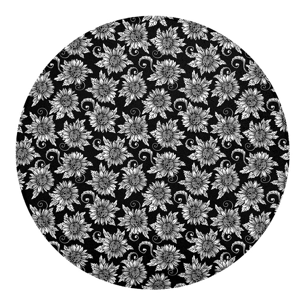 Black And White Vintage Sunflower Print Round Blanket