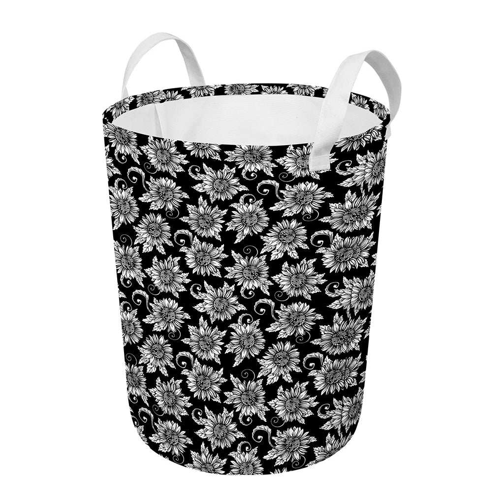 Black And White Vintage Sunflower Print Round Laundry Basket