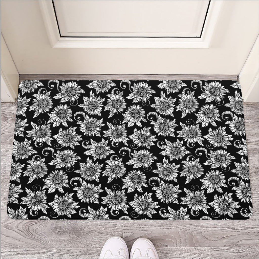 Black And White Vintage Sunflower Print Rubber Doormat