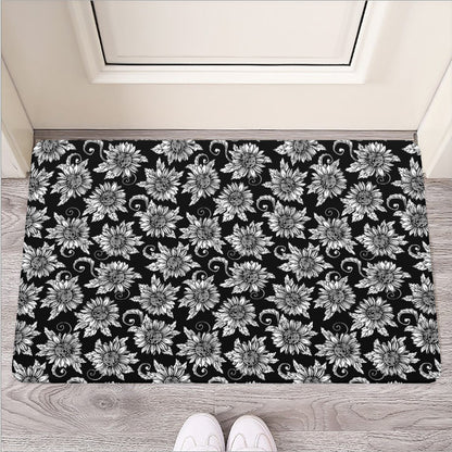 Black And White Vintage Sunflower Print Rubber Doormat