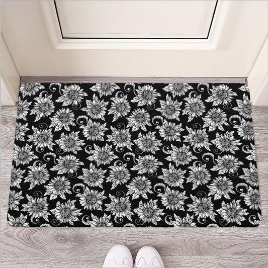 Black And White Vintage Sunflower Print Rubber Doormat