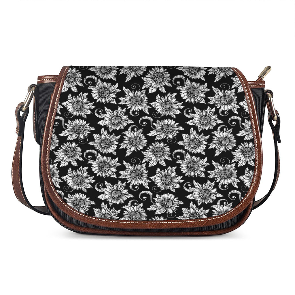 Black And White Vintage Sunflower Print Saddle Bag