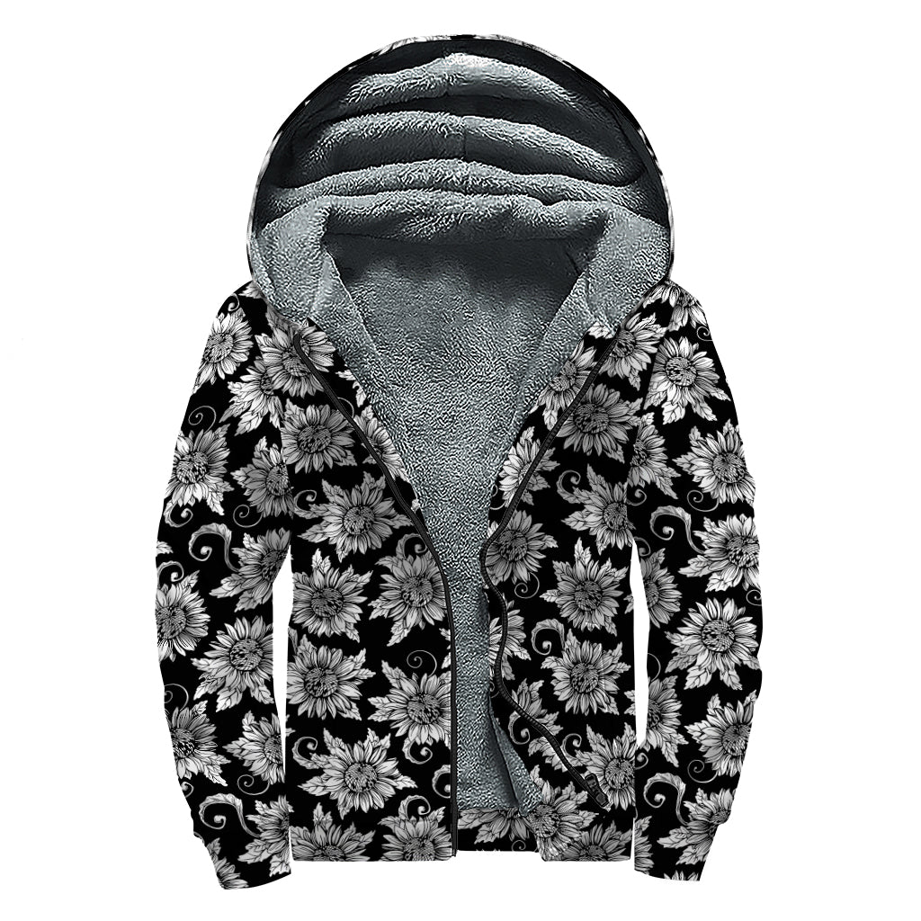 Black And White Vintage Sunflower Print Sherpa Lined Zip Up Hoodie