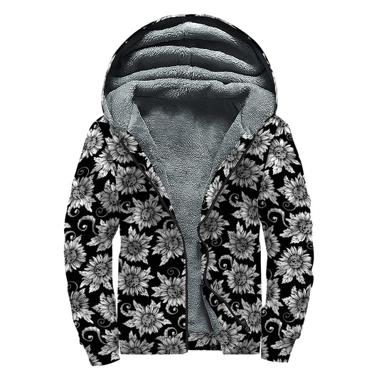 Black And White Vintage Sunflower Print Sherpa Lined Zip Up Hoodie
