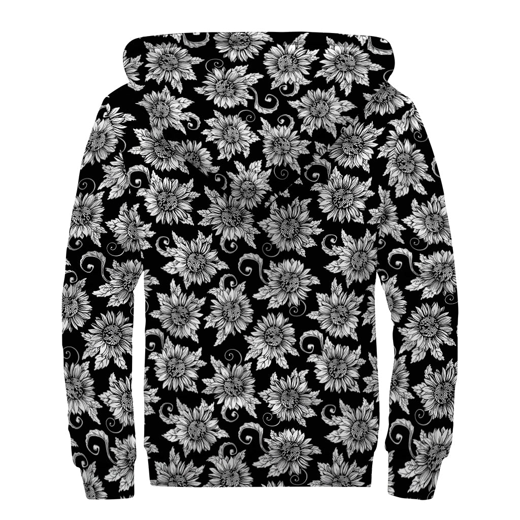 Black And White Vintage Sunflower Print Sherpa Lined Zip Up Hoodie
