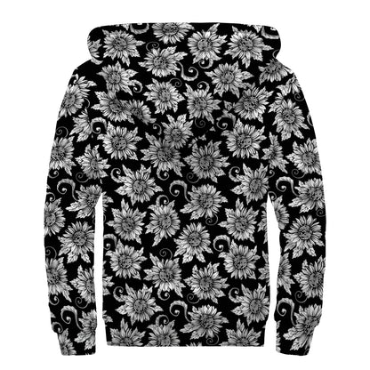 Black And White Vintage Sunflower Print Sherpa Lined Zip Up Hoodie