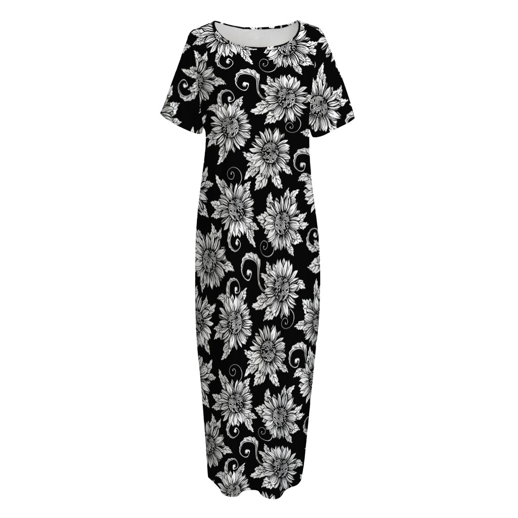Black And White Vintage Sunflower Print Short Sleeve Long Nightdress