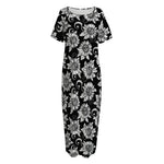 Black And White Vintage Sunflower Print Short Sleeve Long Nightdress