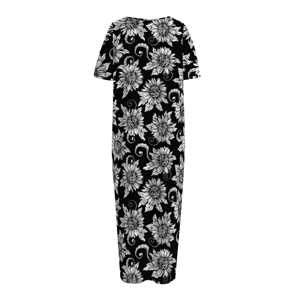 Black And White Vintage Sunflower Print Short Sleeve Long Nightdress