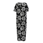 Black And White Vintage Sunflower Print Short Sleeve Long Nightdress