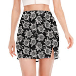 Black And White Vintage Sunflower Print Side Slit Mini Skirt