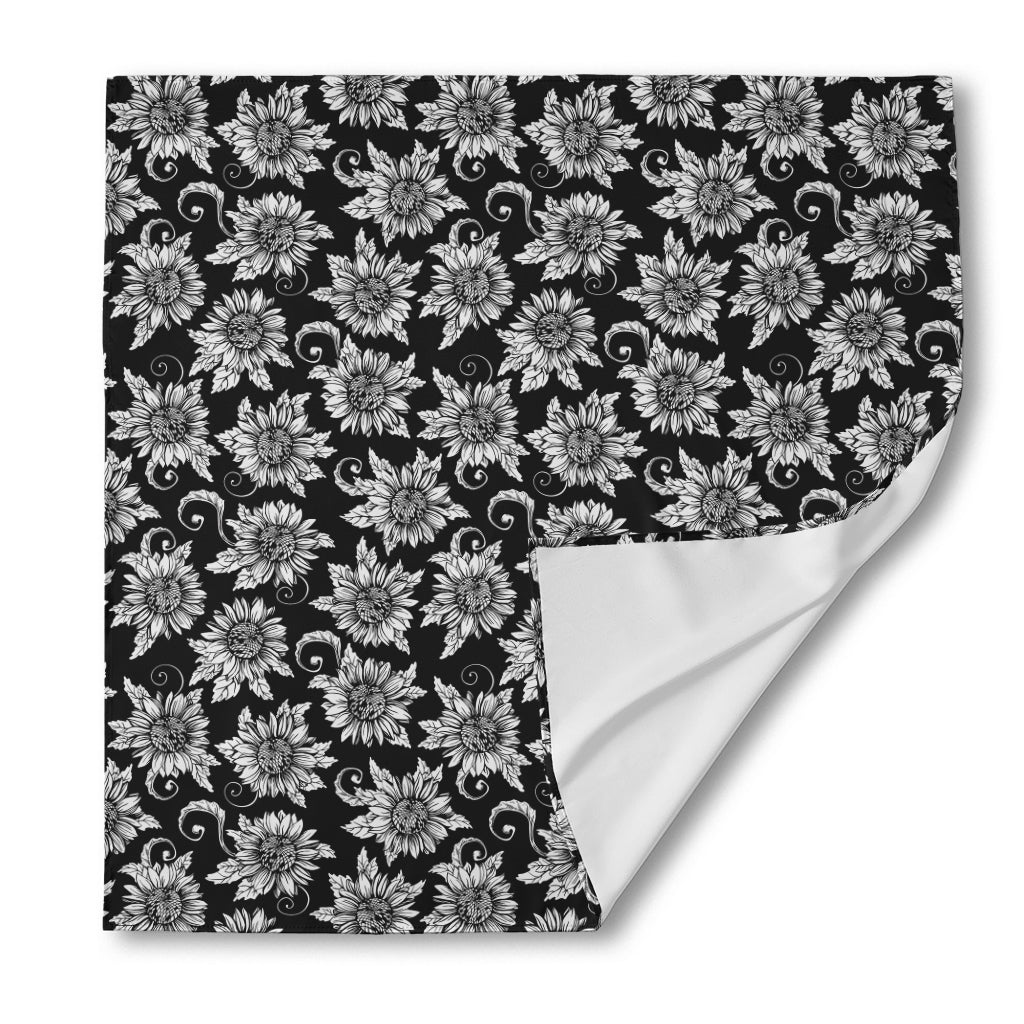 Black And White Vintage Sunflower Print Silk Bandana
