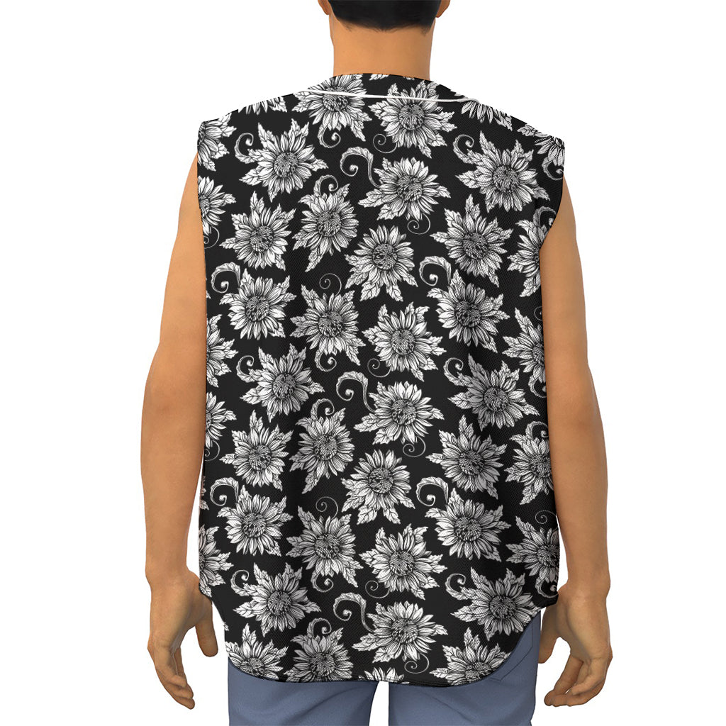 Black And White Vintage Sunflower Print Sleeveless Baseball Jersey