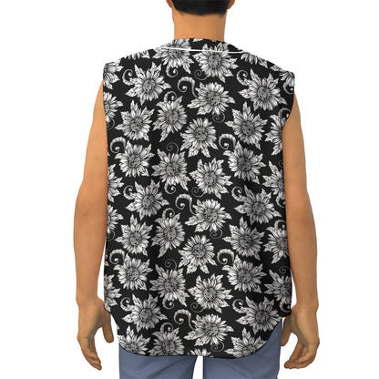 Black And White Vintage Sunflower Print Sleeveless Baseball Jersey