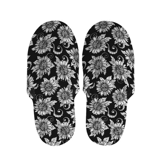 Black And White Vintage Sunflower Print Slippers