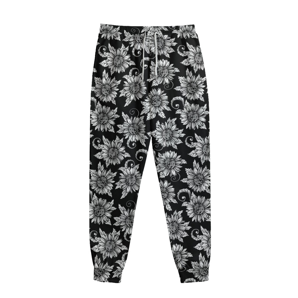 Black And White Vintage Sunflower Print Sweatpants