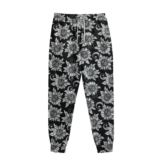 Black And White Vintage Sunflower Print Sweatpants