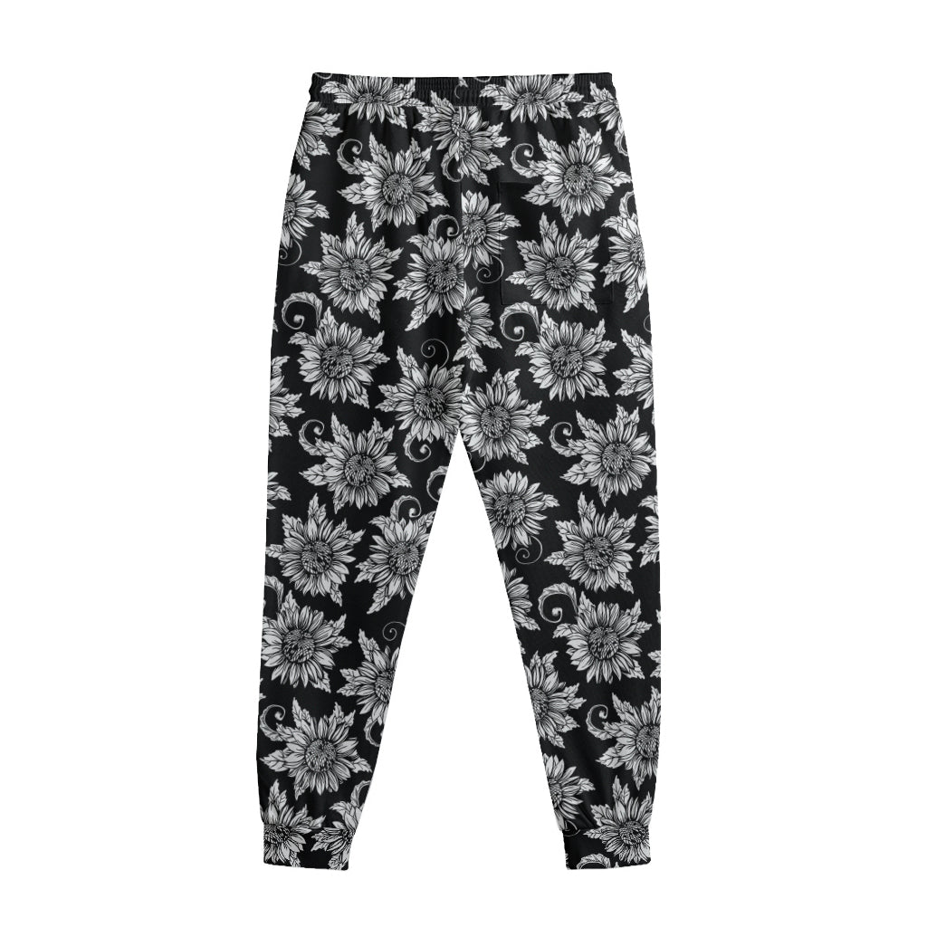 Black And White Vintage Sunflower Print Sweatpants