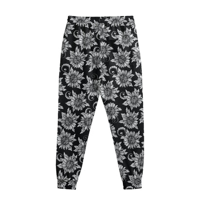 Black And White Vintage Sunflower Print Sweatpants