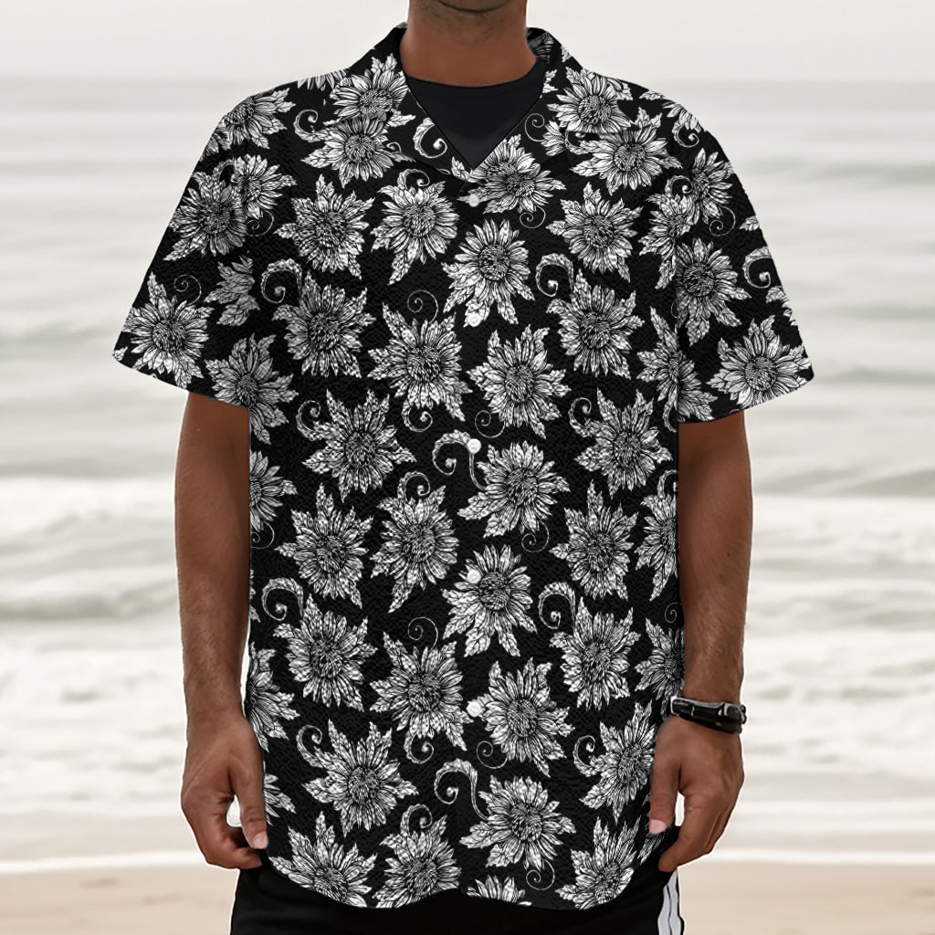Black And White Vintage Sunflower Print Textured Short Sleeve Shirt