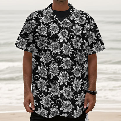 Black And White Vintage Sunflower Print Textured Short Sleeve Shirt