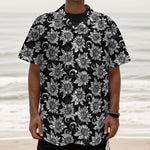 Black And White Vintage Sunflower Print Textured Short Sleeve Shirt