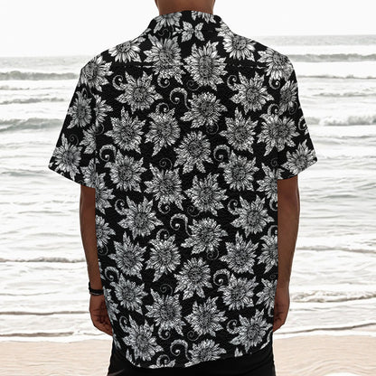 Black And White Vintage Sunflower Print Textured Short Sleeve Shirt