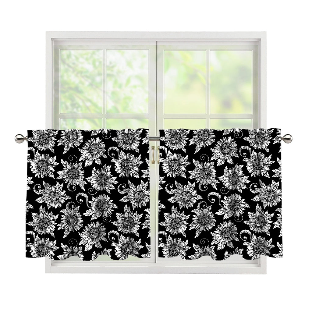 Black And White Vintage Sunflower Print Tier Curtains