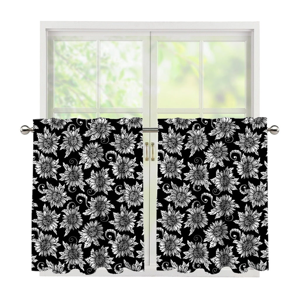 Black And White Vintage Sunflower Print Tier Curtains