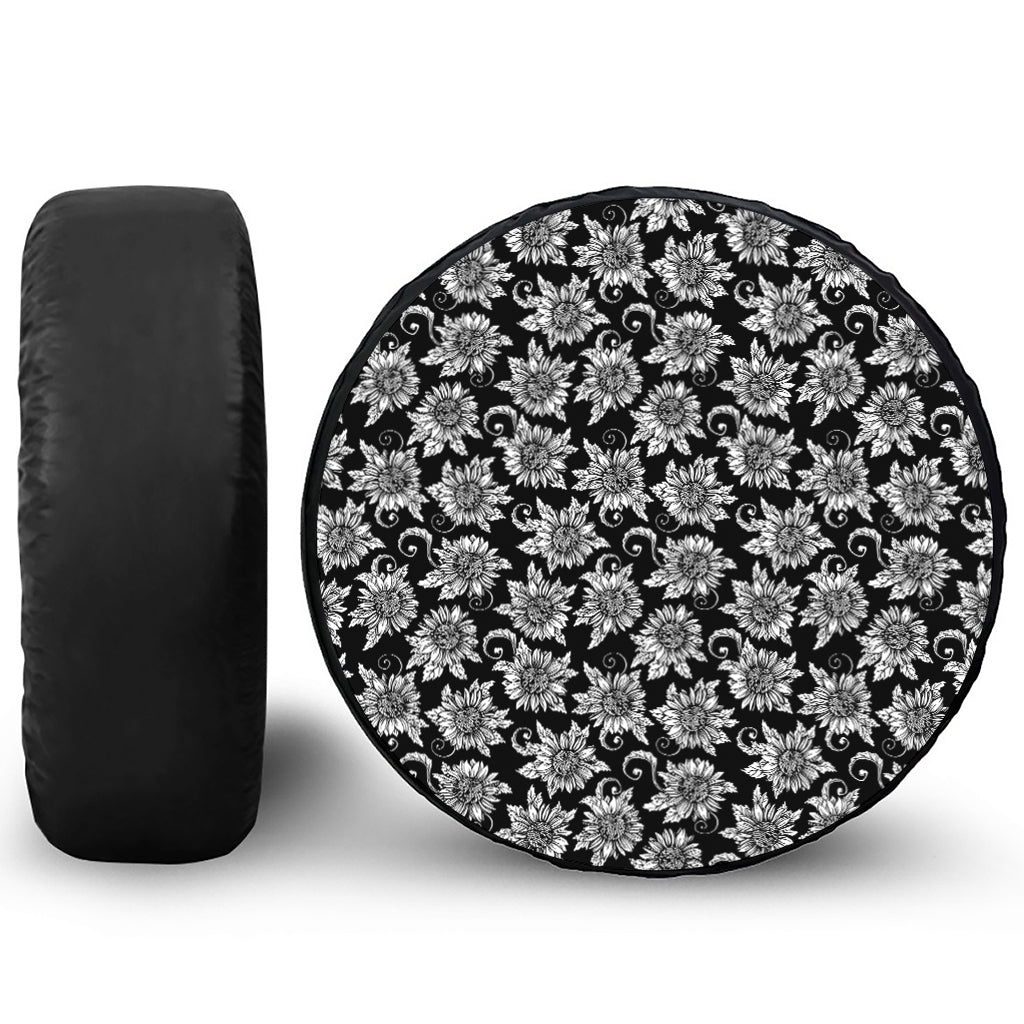 Black And White Vintage Sunflower Print Tire Cover