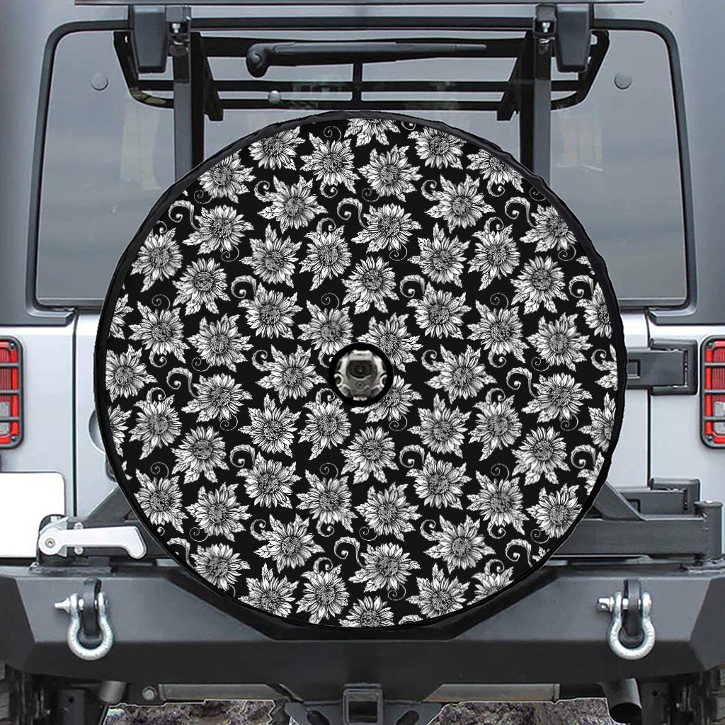 Black And White Vintage Sunflower Print Tire Cover With Camera Hole
