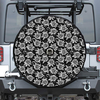 Black And White Vintage Sunflower Print Tire Cover With Camera Hole