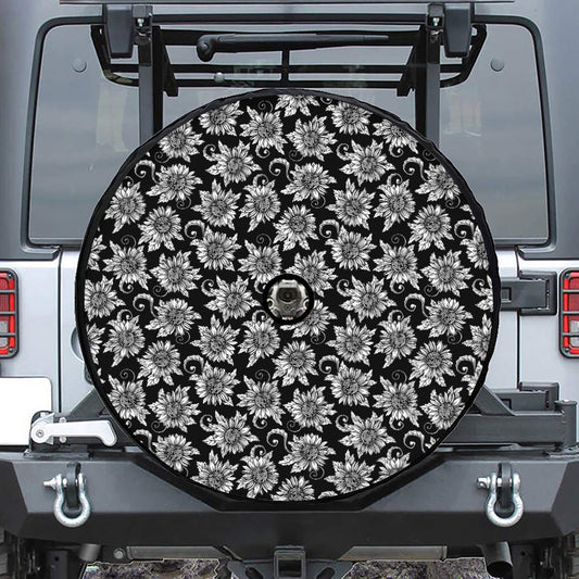 Black And White Vintage Sunflower Print Tire Cover With Camera Hole