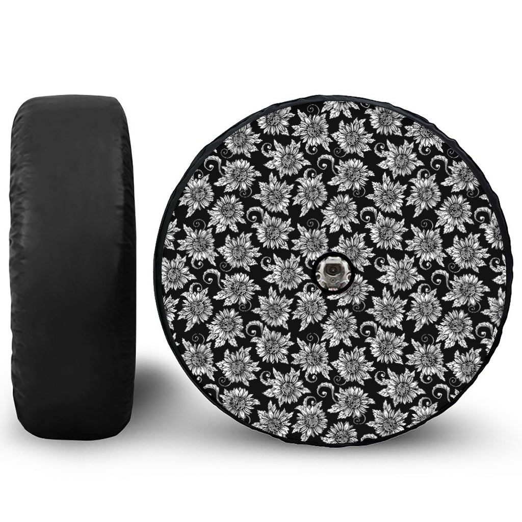 Black And White Vintage Sunflower Print Tire Cover With Camera Hole