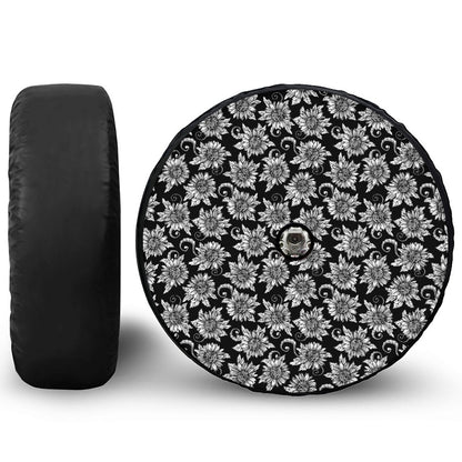 Black And White Vintage Sunflower Print Tire Cover With Camera Hole