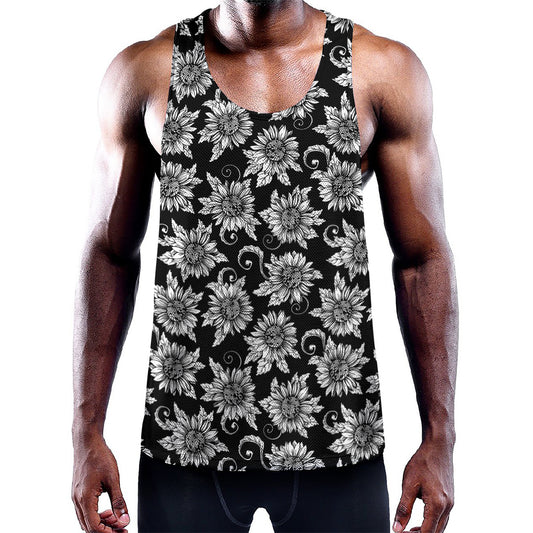 Black And White Vintage Sunflower Print Training Tank Top