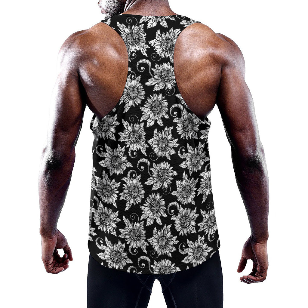 Black And White Vintage Sunflower Print Training Tank Top