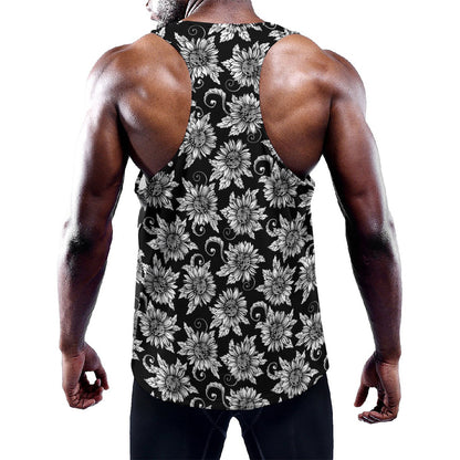 Black And White Vintage Sunflower Print Training Tank Top