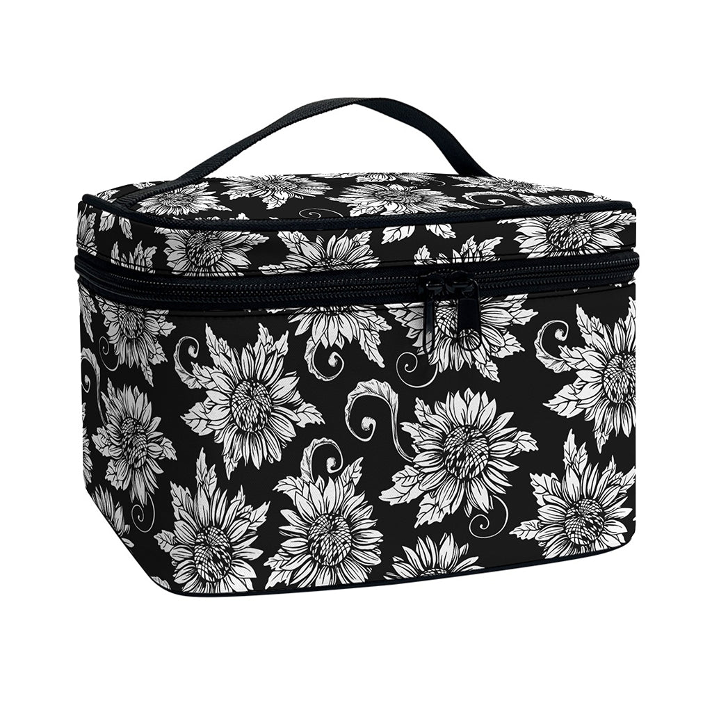 Black And White Vintage Sunflower Print Travel Makeup Bag